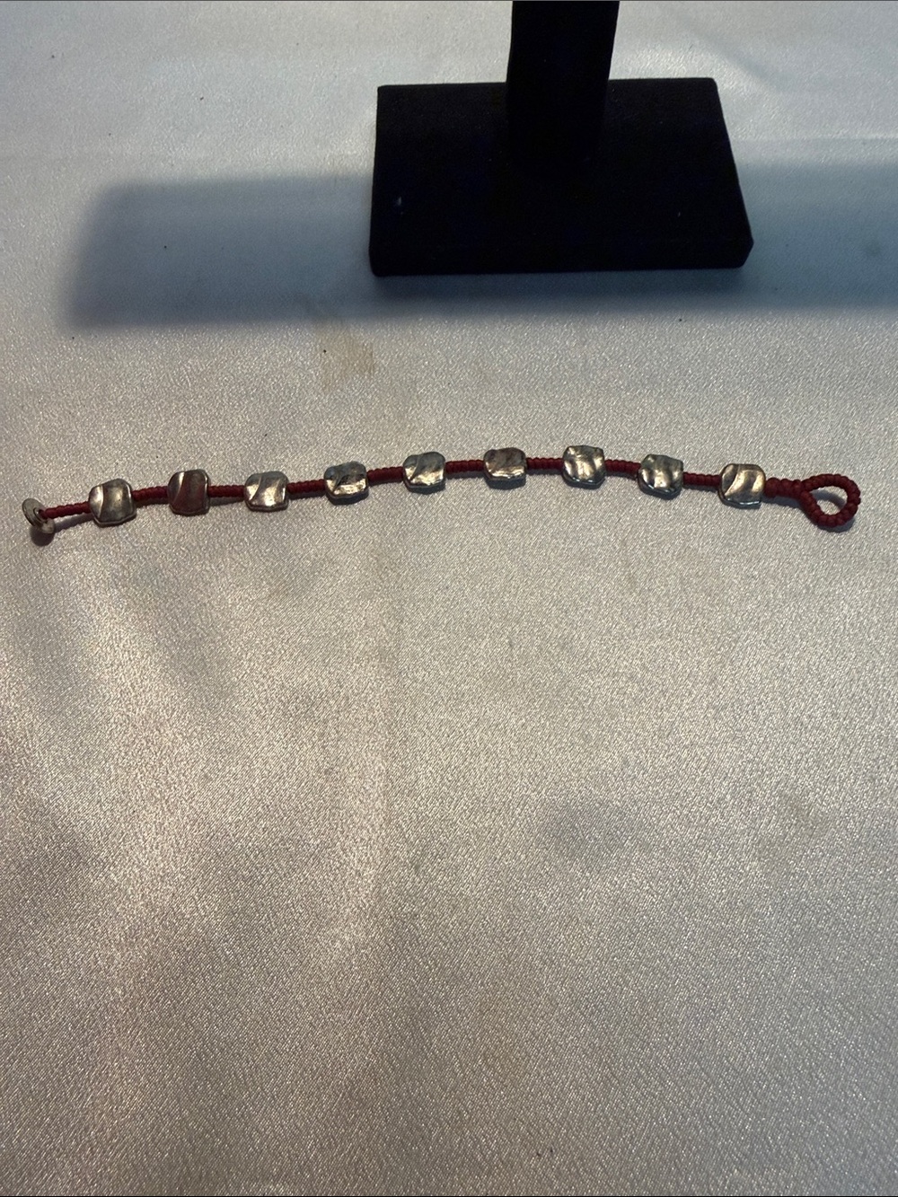 Source Unknown Red Cord Bracelet with Chunky Silver Beads